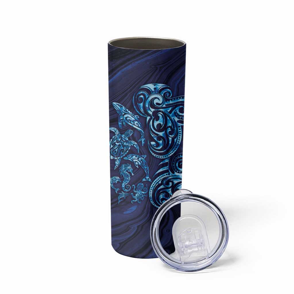 New Zealand Connecting with Seas Skinny Tumbler Maori Tribal and Sea Animals Tattoo - Sea Texture Glass Style LT03 - Polynesian Pride
