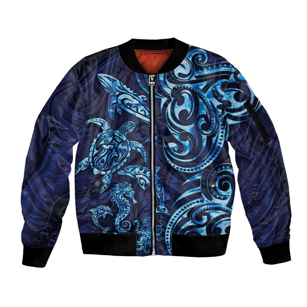 New Zealand Connecting with Seas Sleeve Zip Bomber Jacket Maori Tribal and Sea Animals Tattoo - Sea Texture Glass Style