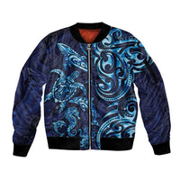 New Zealand Connecting with Seas Sleeve Zip Bomber Jacket Maori Tribal and Sea Animals Tattoo - Sea Texture Glass Style