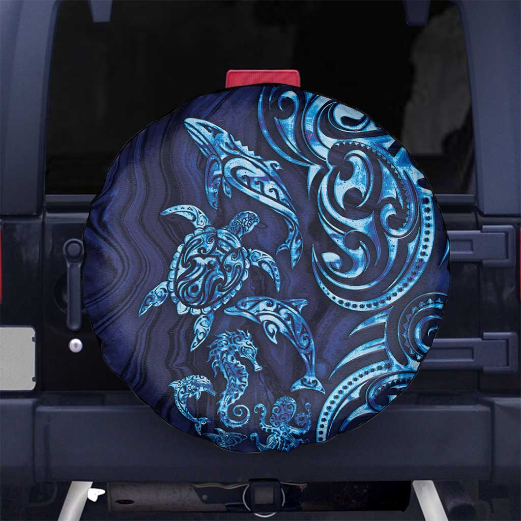 New Zealand Connecting with Seas Spare Tire Cover Maori Tribal and Sea Animals Tattoo - Sea Texture Glass Style
