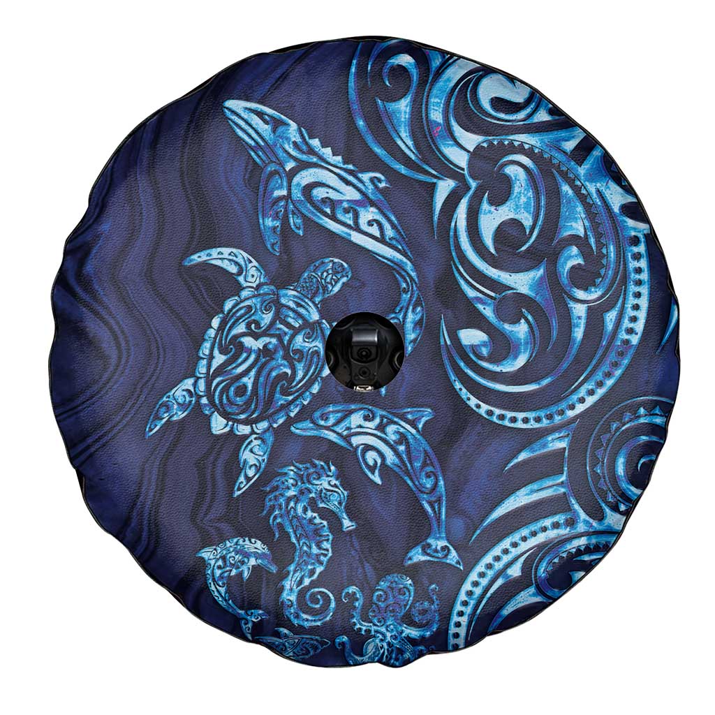 New Zealand Connecting with Seas Spare Tire Cover Maori Tribal and Sea Animals Tattoo - Sea Texture Glass Style