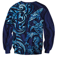 New Zealand Connecting with Seas Sweatshirt Maori Tribal and Sea Animals Tattoo - Sea Texture Glass Style