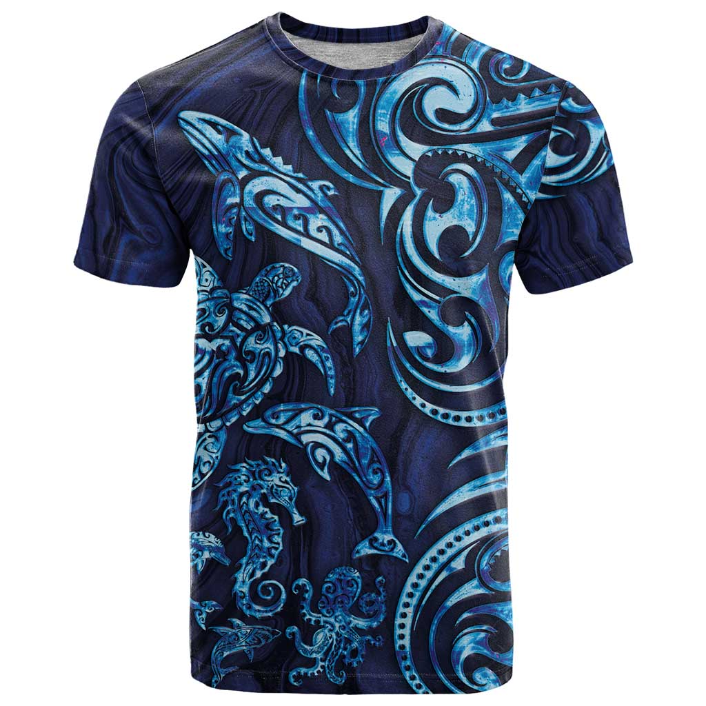 New Zealand Connecting with Seas T Shirt Maori Tribal and Sea Animals Tattoo - Sea Texture Glass Style LT03 Navy - Polynesian Pride