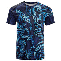 New Zealand Connecting with Seas T Shirt Maori Tribal and Sea Animals Tattoo - Sea Texture Glass Style LT03 Navy - Polynesian Pride