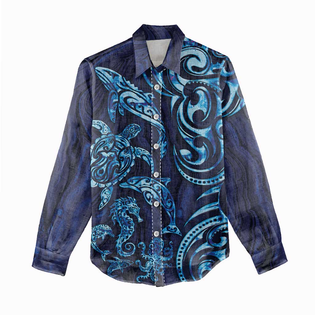 New Zealand Connecting with Seas Women Casual Shirt Maori Tribal and Sea Animals Tattoo - Sea Texture Glass Style LT03 - Polynesian Pride