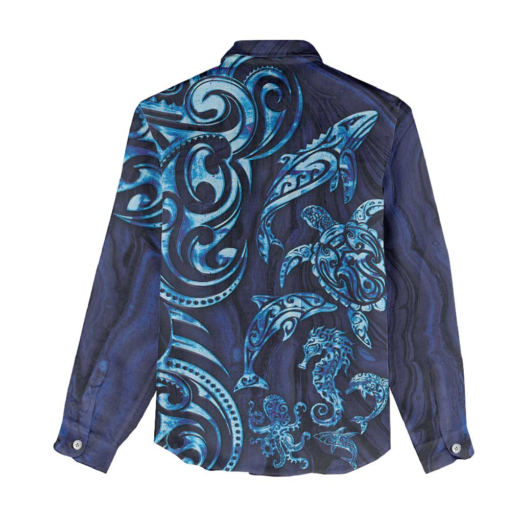New Zealand Connecting with Seas Women Casual Shirt Maori Tribal and Sea Animals Tattoo - Sea Texture Glass Style LT03 - Polynesian Pride