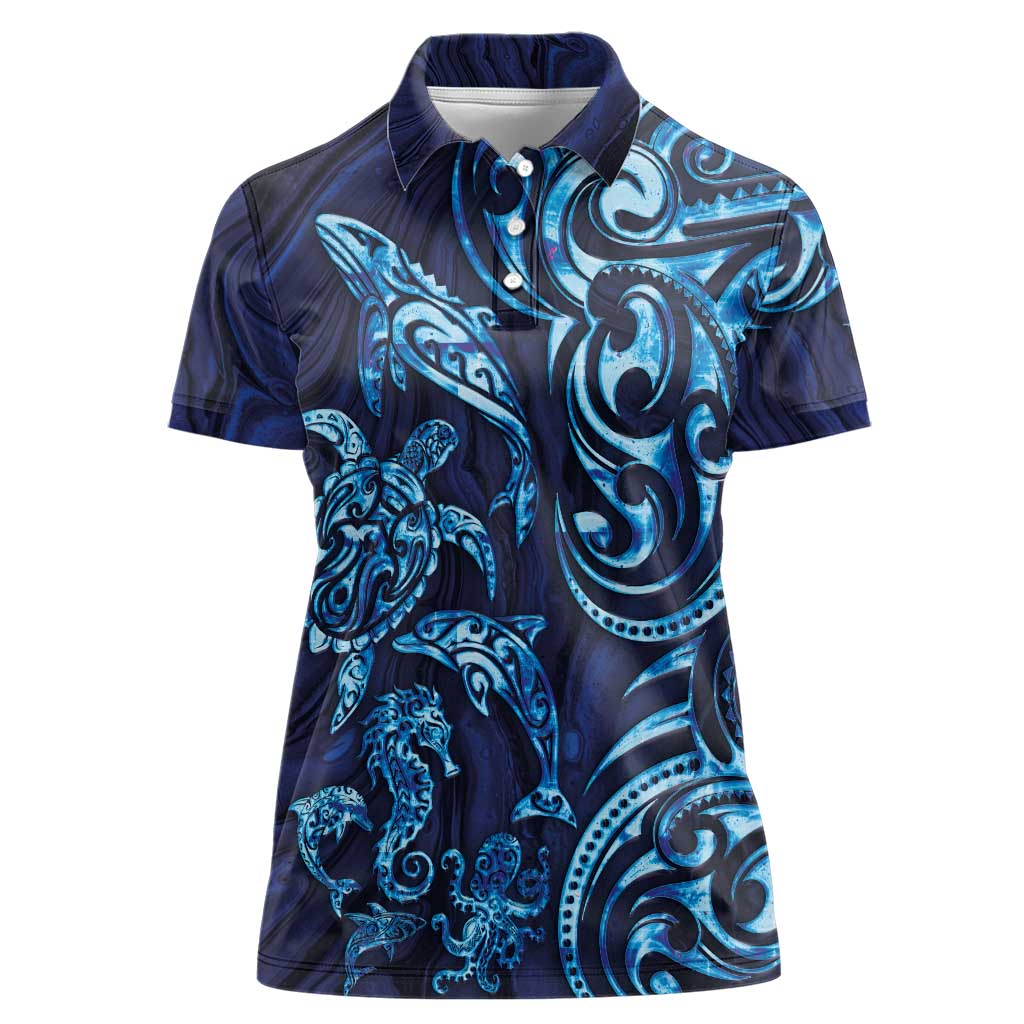 New Zealand Connecting with Seas Women Polo Shirt Maori Tribal and Sea Animals Tattoo - Sea Texture Glass Style