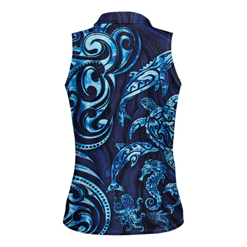 New Zealand Connecting with Seas Women Sleeveless Polo Shirt Maori Tribal and Sea Animals Tattoo - Sea Texture Glass Style