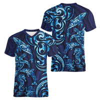 New Zealand Connecting with Seas Women V-Neck T-Shirt Maori Tribal and Sea Animals Tattoo - Sea Texture Glass Style LT03 - Polynesian Pride