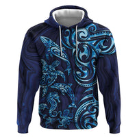 New Zealand Connecting with Seas Zip Hoodie Maori Tribal and Sea Animals Tattoo - Sea Texture Glass Style