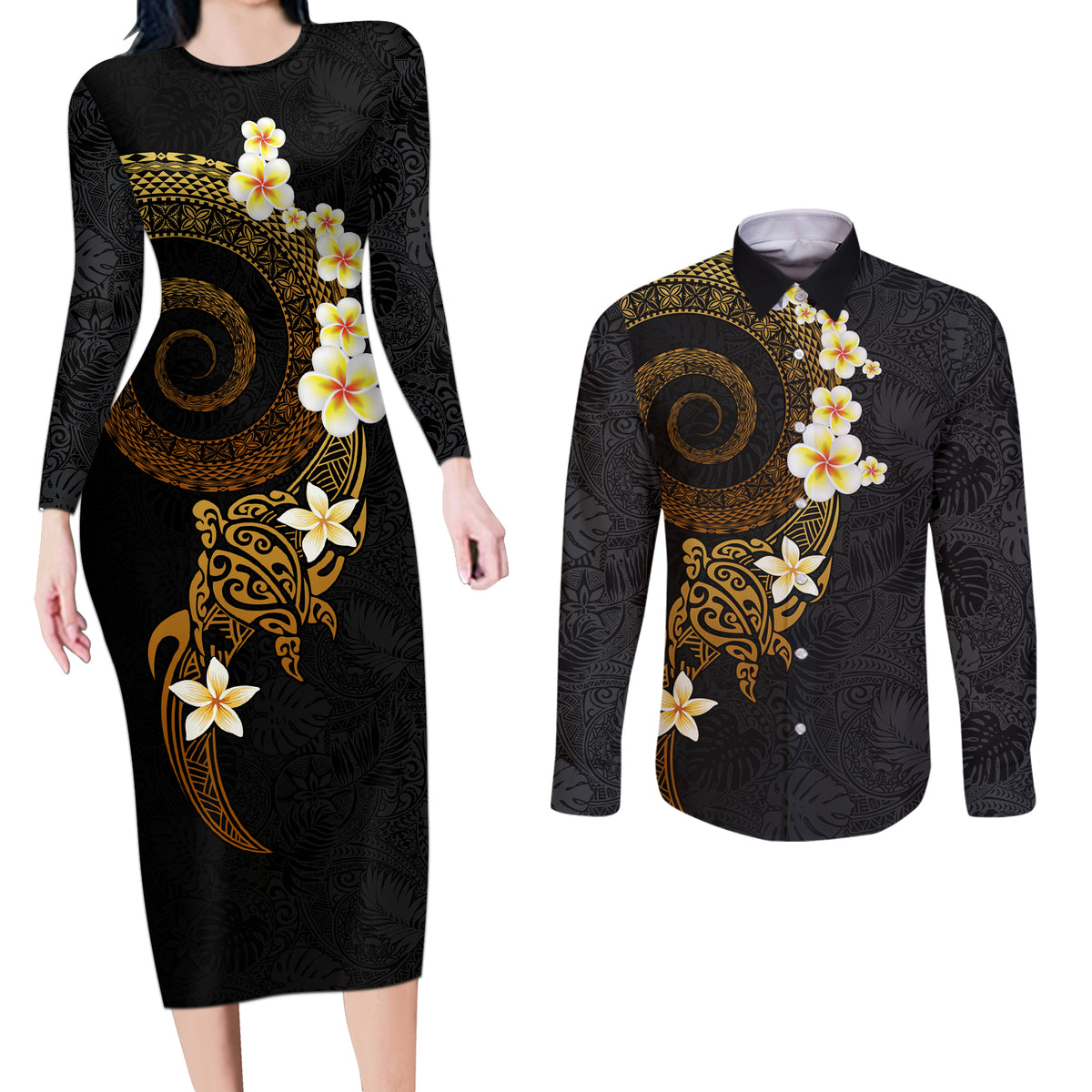 Polynesian Spiral Tribal Tattoo Couples Matching Long Sleeve Bodycon Dress and Long Sleeve Button Shirt Golden Color LT03 Yellow - Polynesian Pride