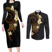 Polynesian Spiral Tribal Tattoo Couples Matching Long Sleeve Bodycon Dress and Long Sleeve Button Shirt Golden Color LT03 Yellow - Polynesian Pride