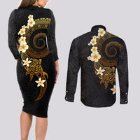 Polynesian Spiral Tribal Tattoo Couples Matching Long Sleeve Bodycon Dress and Long Sleeve Button Shirt Golden Color LT03 - Polynesian Pride