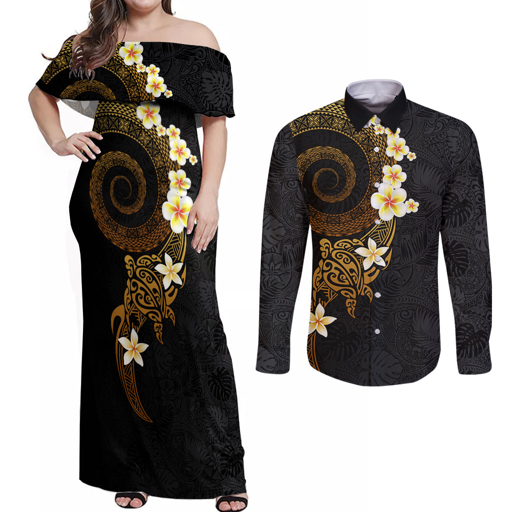 Polynesian Spiral Tribal Tattoo Couples Matching Off Shoulder Maxi Dress and Long Sleeve Button Shirt Golden Color LT03 Yellow - Polynesian Pride