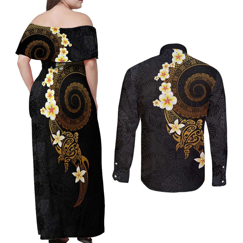 Polynesian Spiral Tribal Tattoo Couples Matching Off Shoulder Maxi Dress and Long Sleeve Button Shirt Golden Color LT03 - Polynesian Pride
