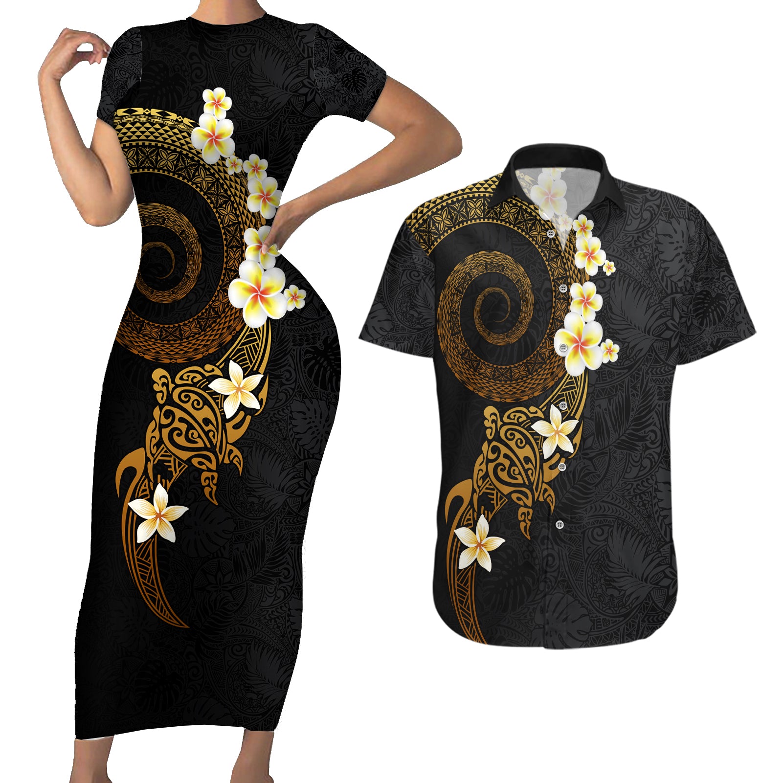 Polynesian Spiral Tribal Tattoo Couples Matching Short Sleeve Bodycon Dress and Hawaiian Shirt Golden Color