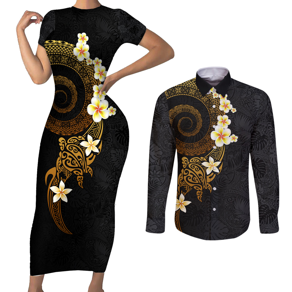 Polynesian Spiral Tribal Tattoo Couples Matching Short Sleeve Bodycon Dress and Long Sleeve Button Shirt Golden Color LT03 Yellow - Polynesian Pride