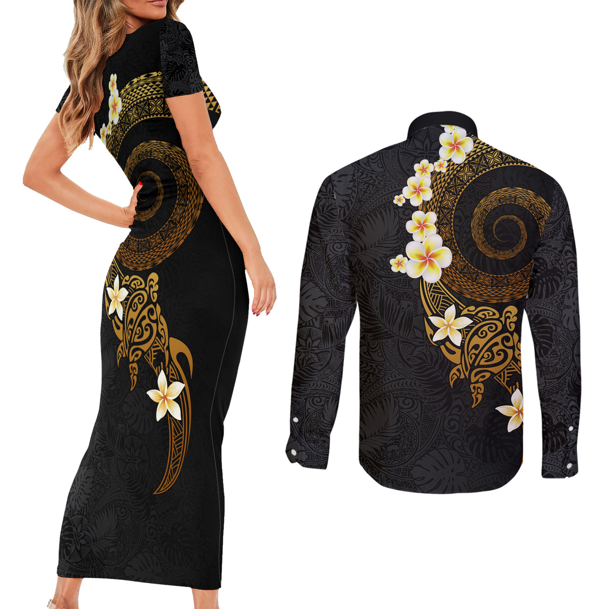 Polynesian Spiral Tribal Tattoo Couples Matching Short Sleeve Bodycon Dress and Long Sleeve Button Shirt Golden Color LT03 - Polynesian Pride
