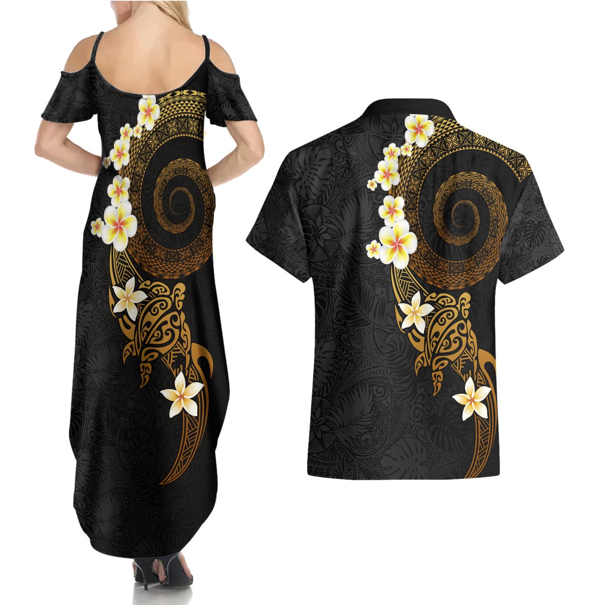 Polynesian Spiral Tribal Tattoo Couples Matching Summer Maxi Dress and Hawaiian Shirt Golden Color LT03 - Polynesian Pride