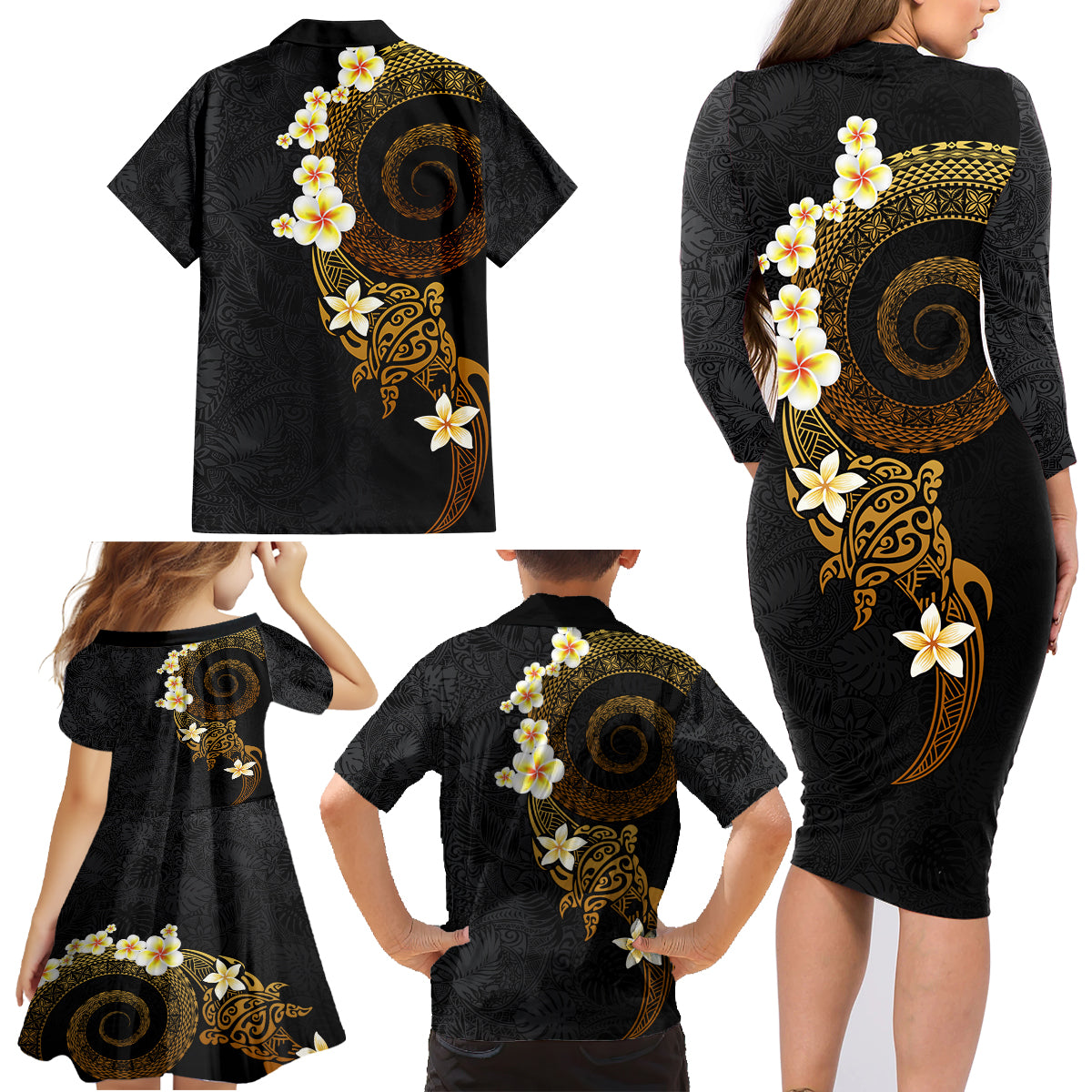 Polynesian Spiral Tribal Tattoo Family Matching Long Sleeve Bodycon Dress and Hawaiian Shirt Golden Color LT03 - Polynesian Pride