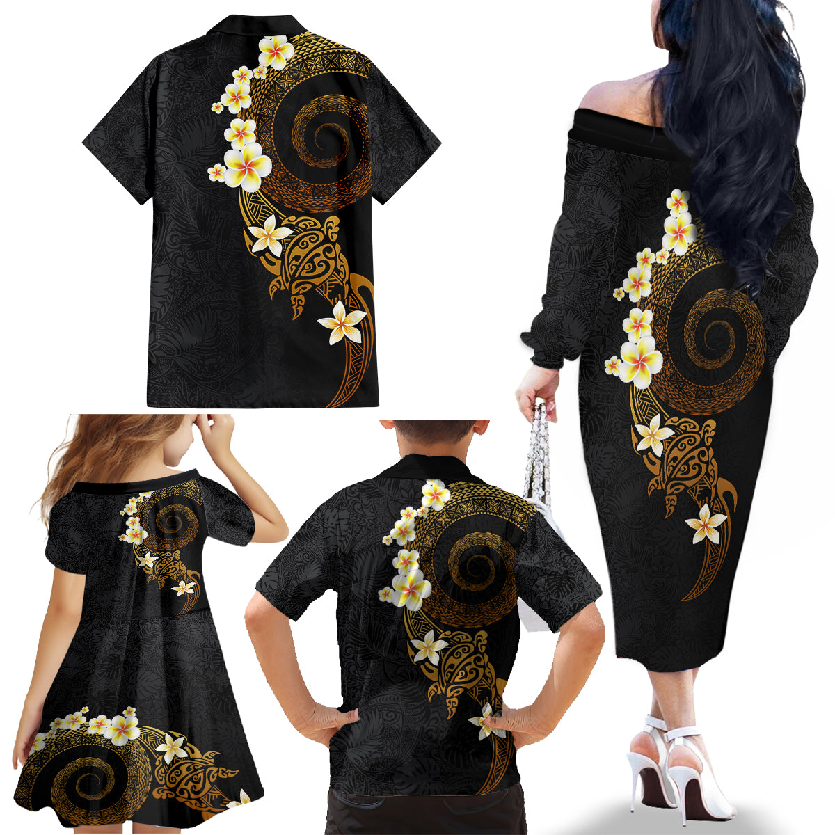 Polynesian Spiral Tribal Tattoo Family Matching Off The Shoulder Long Sleeve Dress and Hawaiian Shirt Golden Color