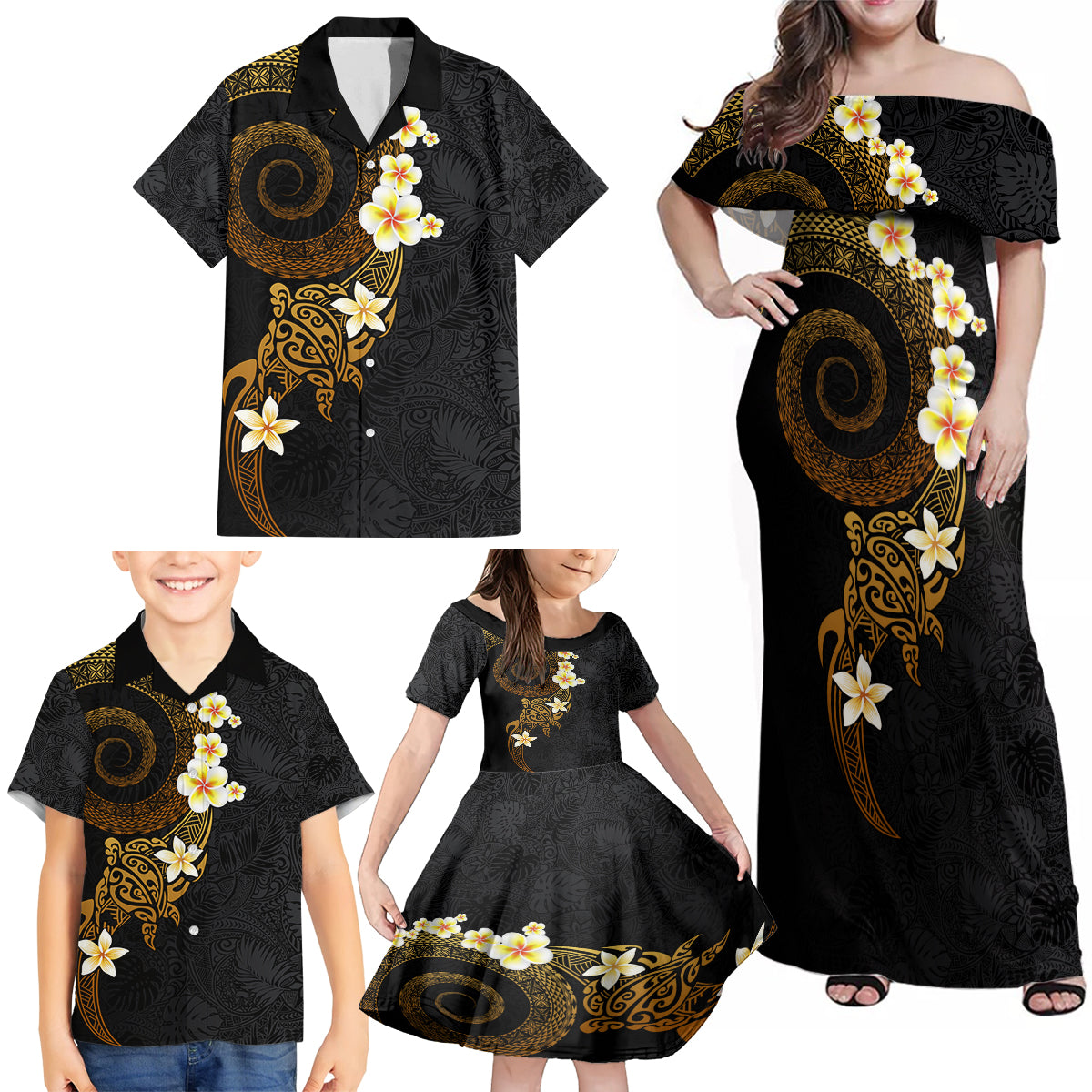 Polynesian Spiral Tribal Tattoo Family Matching Off Shoulder Maxi Dress and Hawaiian Shirt Golden Color LT03 - Polynesian Pride