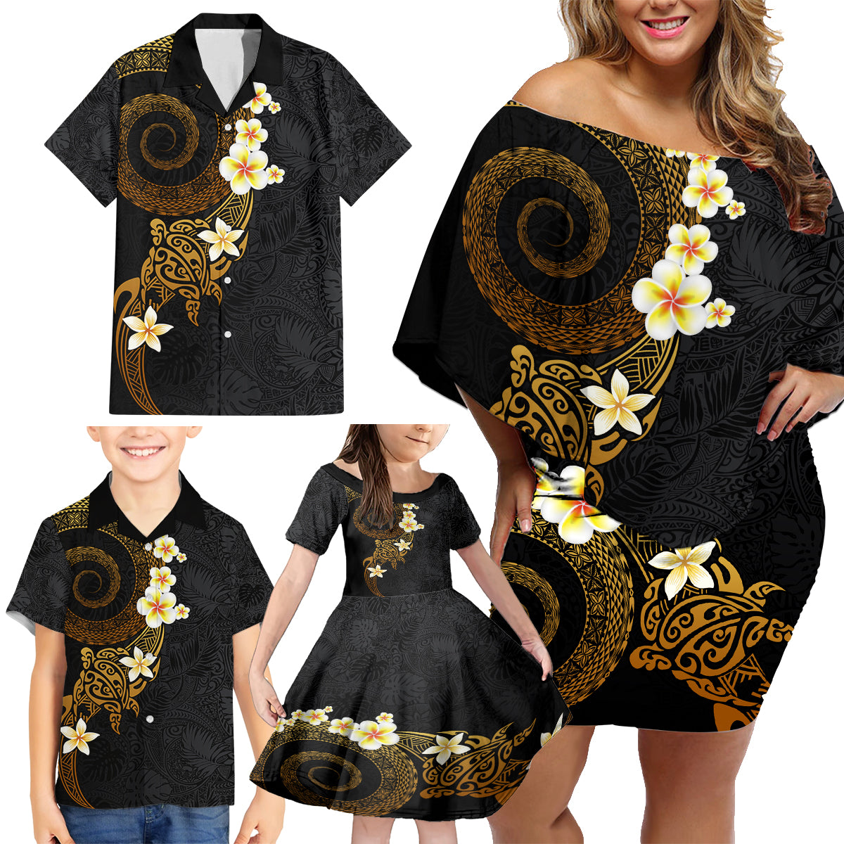 Polynesian Spiral Tribal Tattoo Family Matching Off Shoulder Short Dress and Hawaiian Shirt Golden Color LT03 - Polynesian Pride