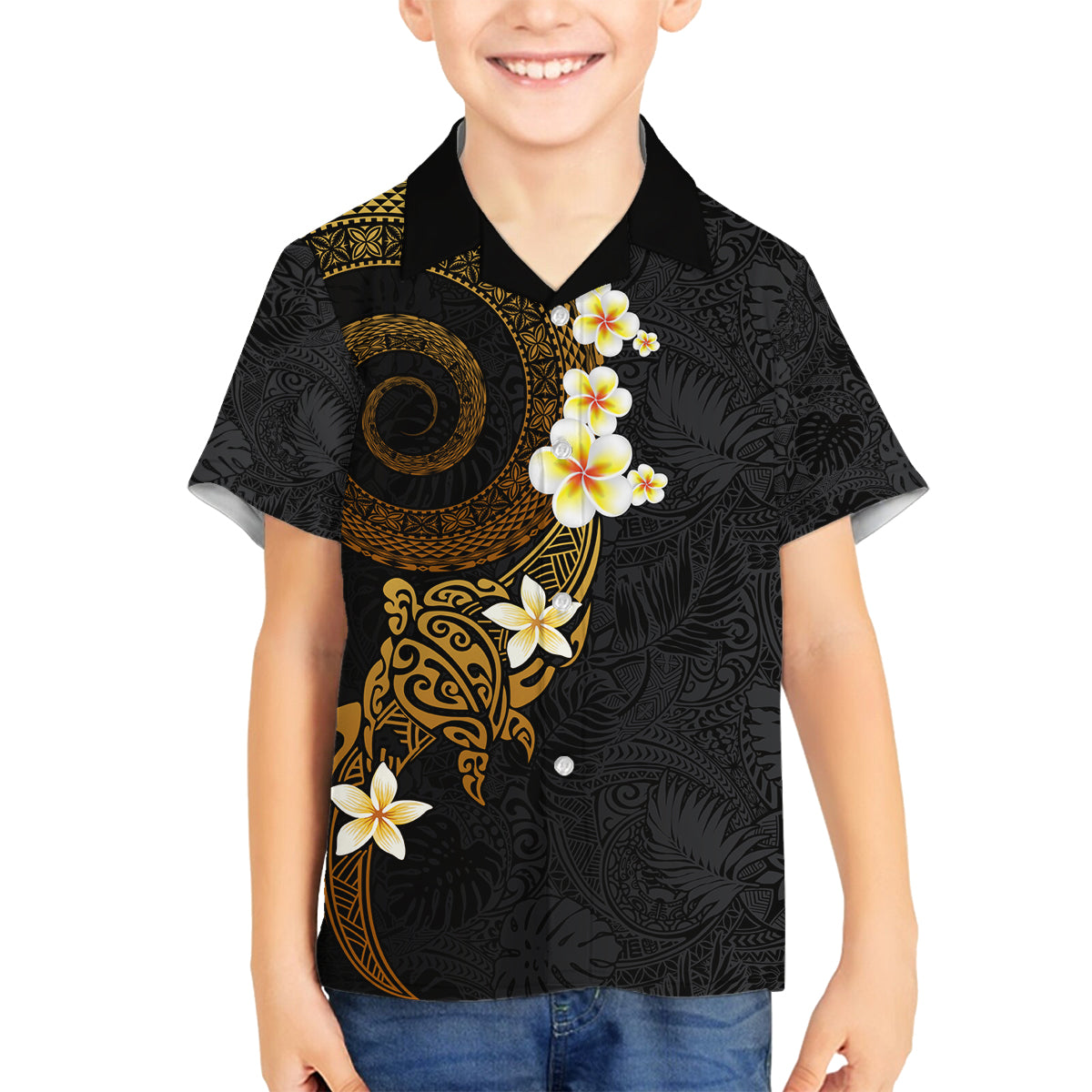 Polynesian Spiral Tribal Tattoo Family Matching Off Shoulder Short Dress and Hawaiian Shirt Golden Color LT03 Son's Shirt Yellow - Polynesian Pride