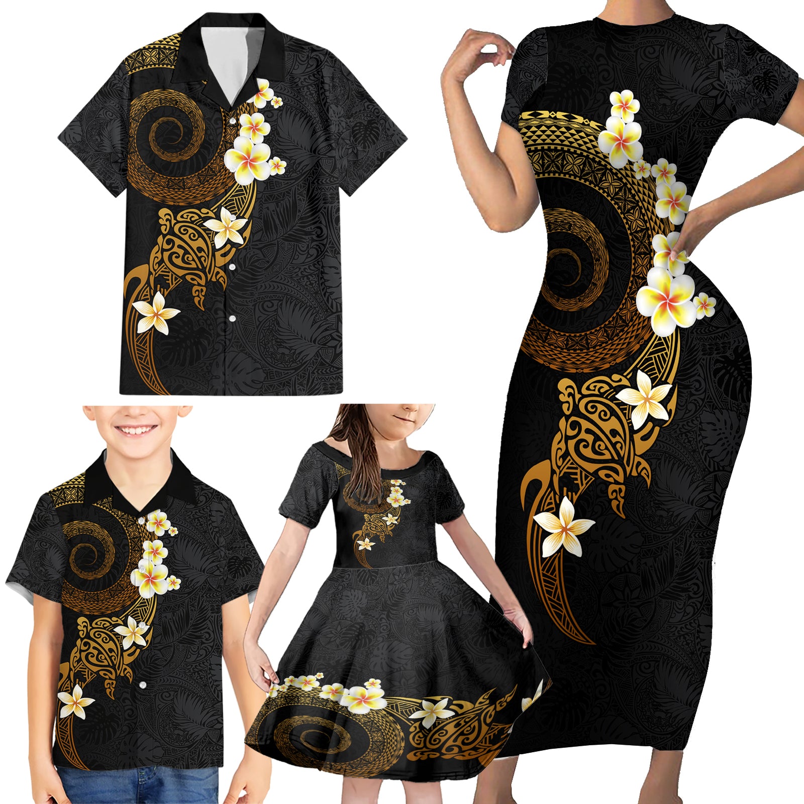 Polynesian Spiral Tribal Tattoo Family Matching Short Sleeve Bodycon Dress and Hawaiian Shirt Golden Color LT03 - Polynesian Pride