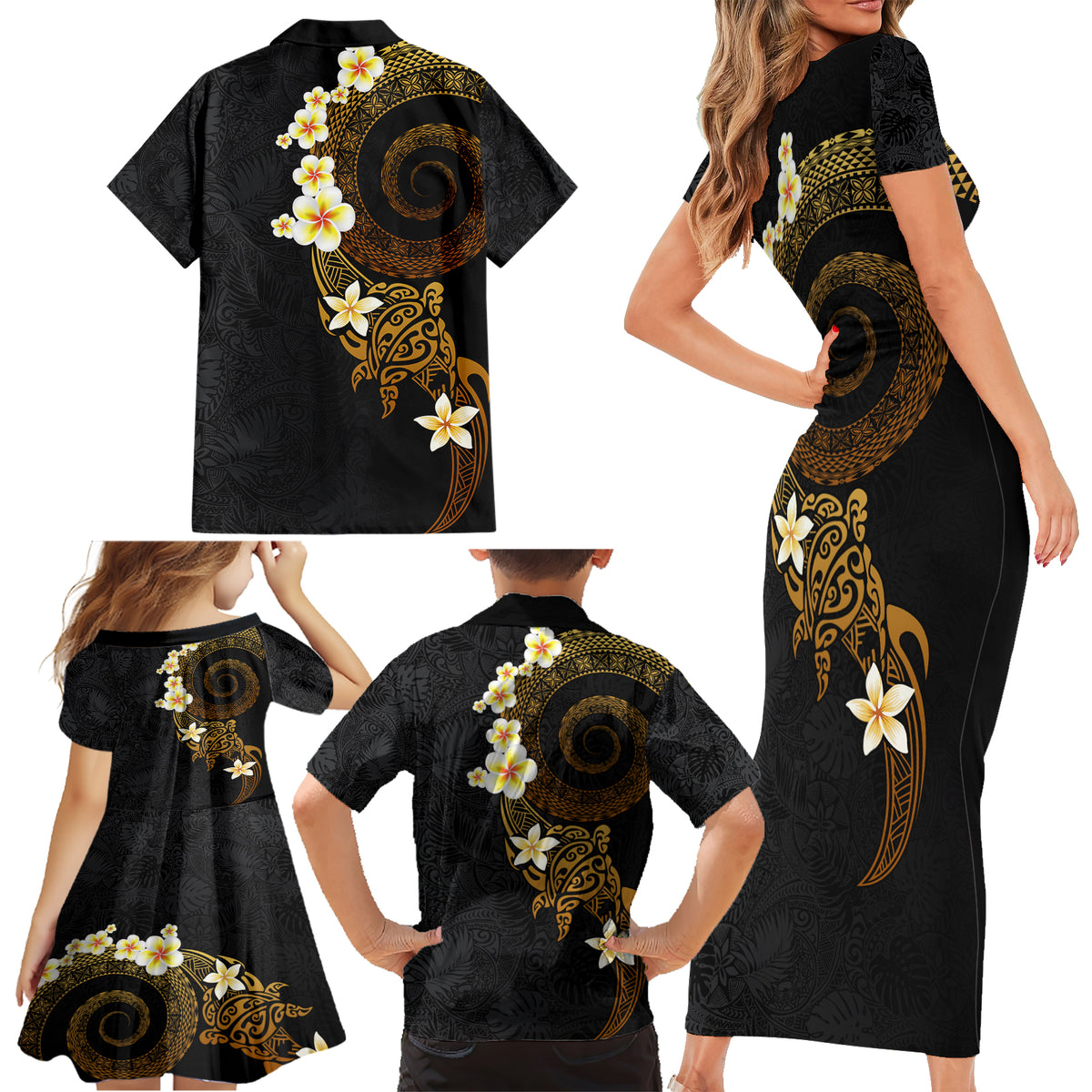 Polynesian Spiral Tribal Tattoo Family Matching Short Sleeve Bodycon Dress and Hawaiian Shirt Golden Color LT03 - Polynesian Pride