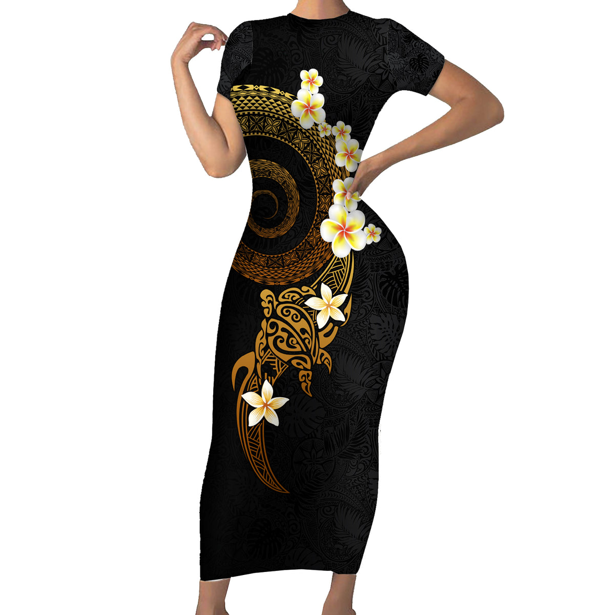 Polynesian Spiral Tribal Tattoo Family Matching Short Sleeve Bodycon Dress and Hawaiian Shirt Golden Color LT03 Mom's Dress Yellow - Polynesian Pride