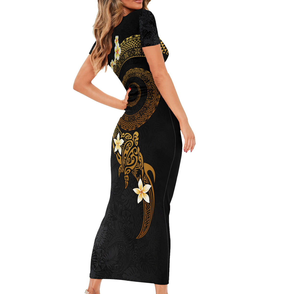 Polynesian Spiral Tribal Tattoo Family Matching Short Sleeve Bodycon Dress and Hawaiian Shirt Golden Color LT03 - Polynesian Pride