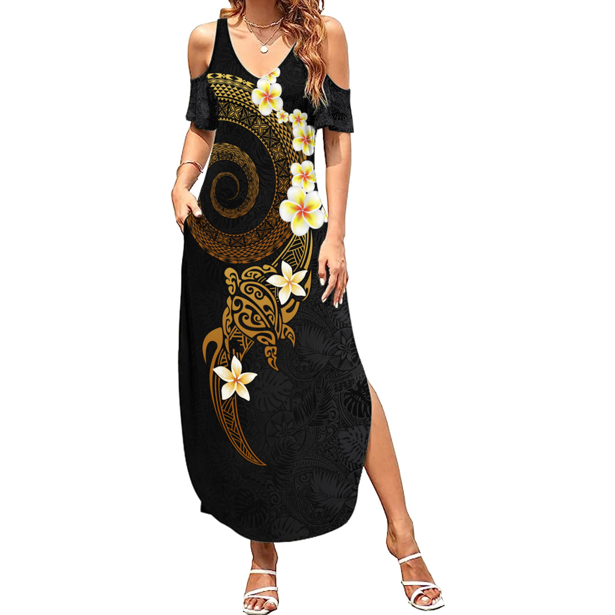 Polynesian Spiral Tribal Tattoo Family Matching Summer Maxi Dress and Hawaiian Shirt Golden Color LT03 Mom's Dress Yellow - Polynesian Pride