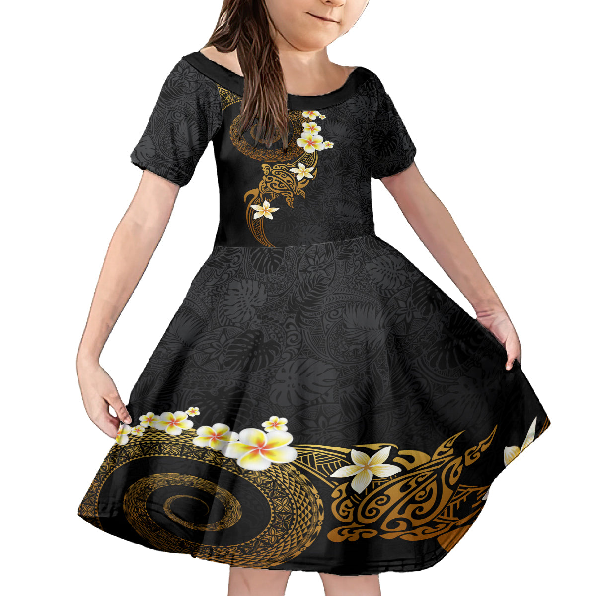 Polynesian Spiral Tribal Tattoo Kid Short Sleeve Dress Golden Color