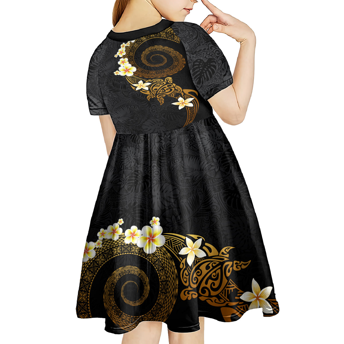 Polynesian Spiral Tribal Tattoo Kid Short Sleeve Dress Golden Color