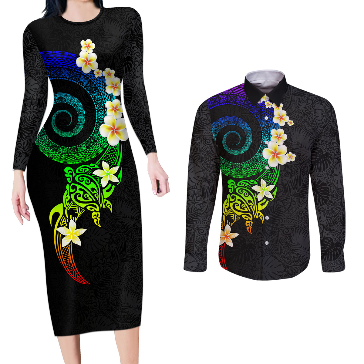 Polynesian Spiral Tribal Tattoo Couples Matching Long Sleeve Bodycon Dress and Long Sleeve Button Shirt Fanciful Color LT03 Black - Polynesian Pride