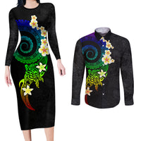 Polynesian Spiral Tribal Tattoo Couples Matching Long Sleeve Bodycon Dress and Long Sleeve Button Shirt Fanciful Color LT03 Black - Polynesian Pride