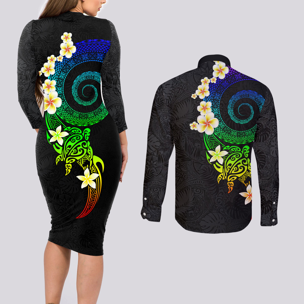Polynesian Spiral Tribal Tattoo Couples Matching Long Sleeve Bodycon Dress and Long Sleeve Button Shirt Fanciful Color LT03 - Polynesian Pride