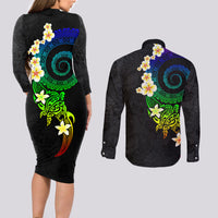 Polynesian Spiral Tribal Tattoo Couples Matching Long Sleeve Bodycon Dress and Long Sleeve Button Shirt Fanciful Color LT03 - Polynesian Pride