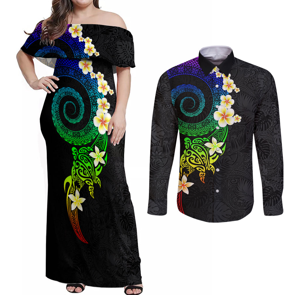 Polynesian Spiral Tribal Tattoo Couples Matching Off Shoulder Maxi Dress and Long Sleeve Button Shirt Fanciful Color LT03 Black - Polynesian Pride
