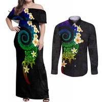 Polynesian Spiral Tribal Tattoo Couples Matching Off Shoulder Maxi Dress and Long Sleeve Button Shirt Fanciful Color LT03 Black - Polynesian Pride