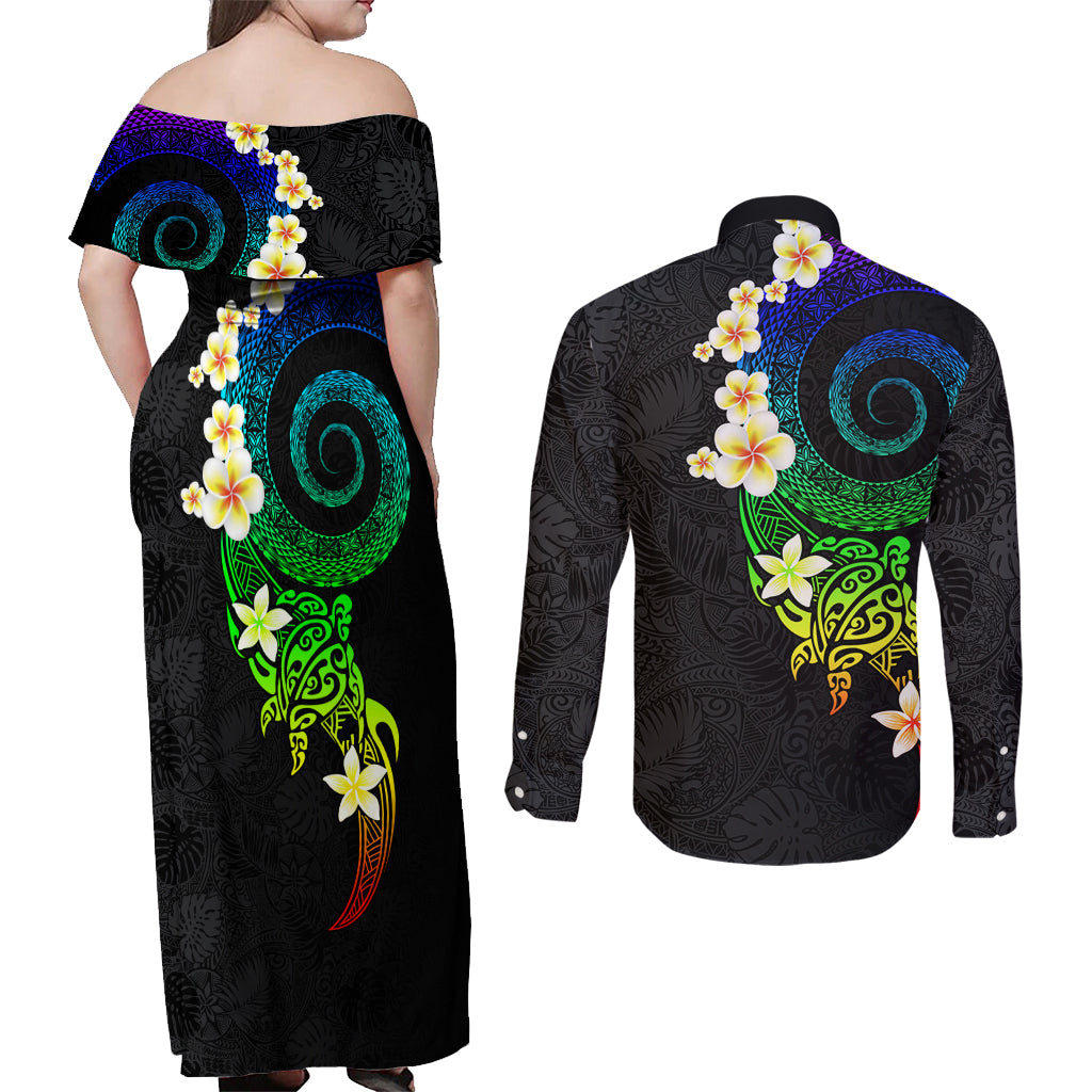 Polynesian Spiral Tribal Tattoo Couples Matching Off Shoulder Maxi Dress and Long Sleeve Button Shirt Fanciful Color LT03 - Polynesian Pride