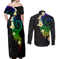 Polynesian Spiral Tribal Tattoo Couples Matching Off Shoulder Maxi Dress and Long Sleeve Button Shirt Fanciful Color LT03 - Polynesian Pride