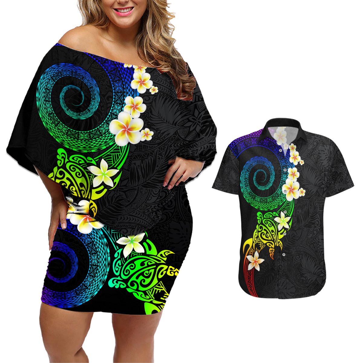 Polynesian Spiral Tribal Tattoo Couples Matching Off Shoulder Short Dress and Hawaiian Shirt Fanciful Color LT03 Black - Polynesian Pride