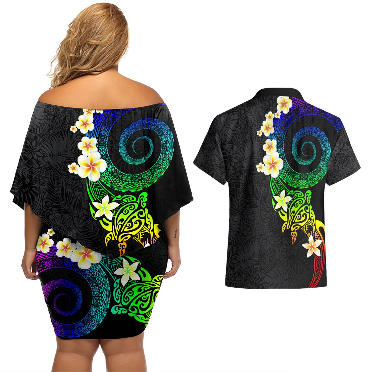 Polynesian Spiral Tribal Tattoo Couples Matching Off Shoulder Short Dress and Hawaiian Shirt Fanciful Color LT03 - Polynesian Pride