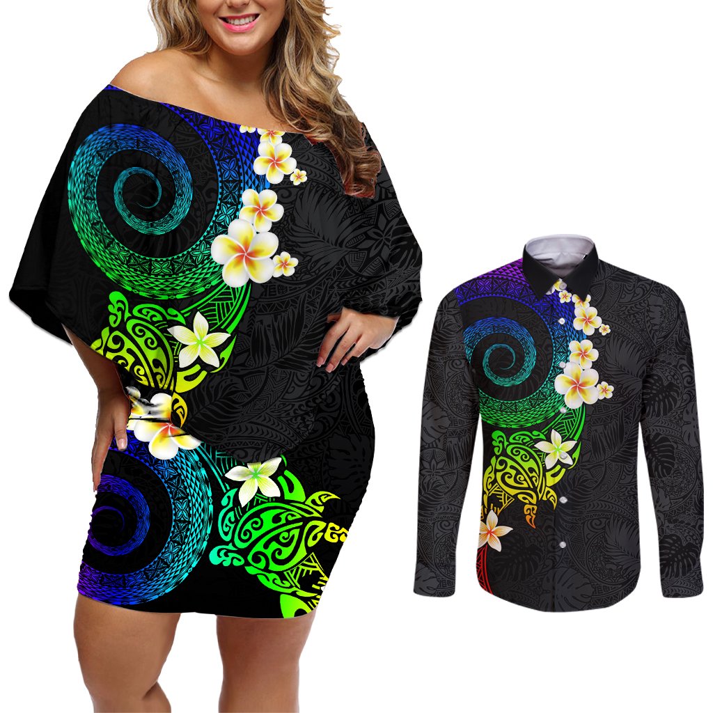 Polynesian Spiral Tribal Tattoo Couples Matching Off Shoulder Short Dress and Long Sleeve Button Shirt Fanciful Color LT03 Black - Polynesian Pride
