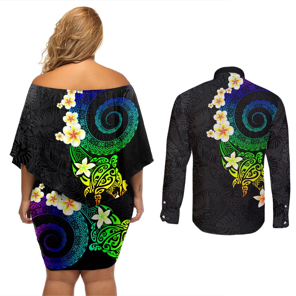 Polynesian Spiral Tribal Tattoo Couples Matching Off Shoulder Short Dress and Long Sleeve Button Shirt Fanciful Color LT03 - Polynesian Pride