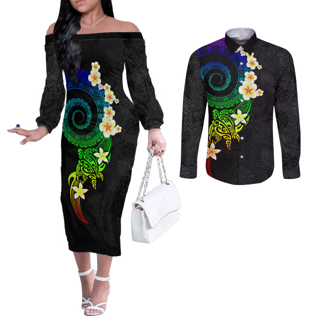 Polynesian Spiral Tribal Tattoo Couples Matching Off The Shoulder Long Sleeve Dress and Long Sleeve Button Shirt Fanciful Color LT03 Black - Polynesian Pride