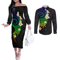 Polynesian Spiral Tribal Tattoo Couples Matching Off The Shoulder Long Sleeve Dress and Long Sleeve Button Shirt Fanciful Color LT03 Black - Polynesian Pride