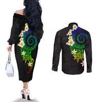 Polynesian Spiral Tribal Tattoo Couples Matching Off The Shoulder Long Sleeve Dress and Long Sleeve Button Shirt Fanciful Color LT03 - Polynesian Pride